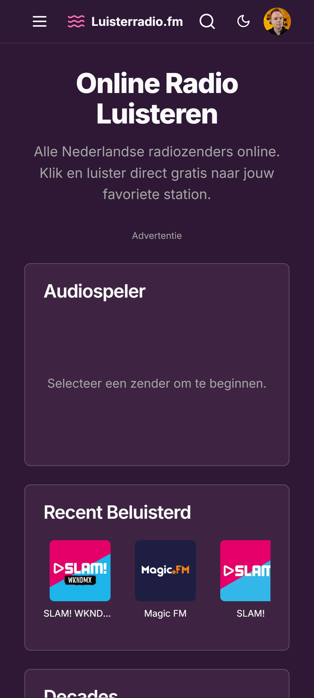 Screenshot van de Luisterradio.fm app op een smartphone